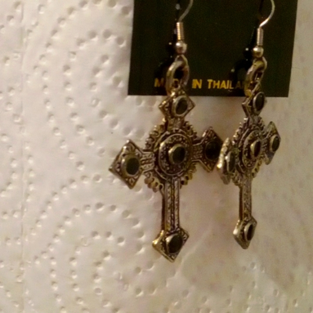 Cross earrings, black jewels encrusted in cross, bout 2 inches long.